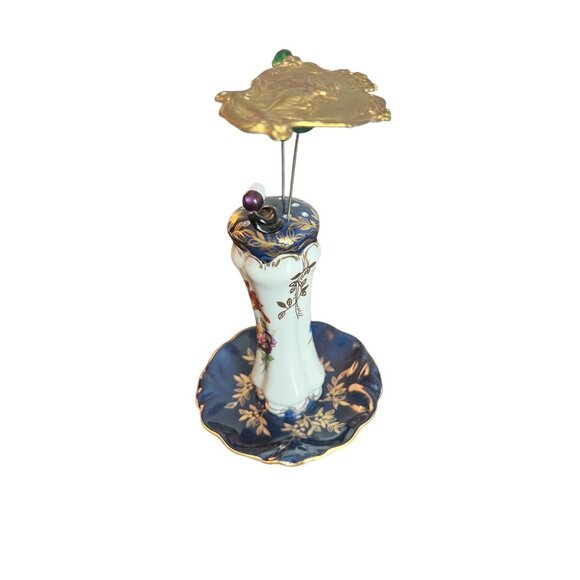Vintage Limoges French Hat Pin Holder & Ring Tray Navy Floral Gold Porcelain W/ - Picture 4 of 8